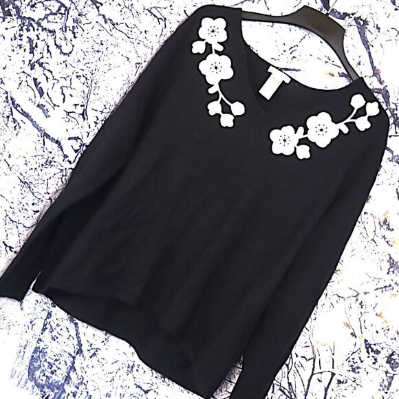 FLORAL BOATNECK SWEATER 24/26W Apostrophe Black White Office Work Wool Fall Y2K - Picture 1 of 7